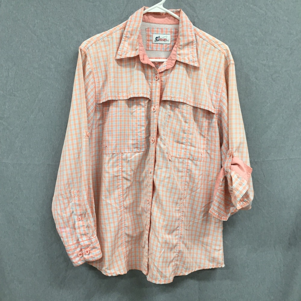 World Wide Sportsman Womens Orange Plaid Fishing Shirt Long Sleeve Vent Back L